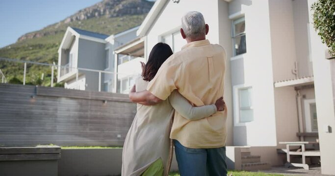 Back of couple, outdoor and new home, real estate and planning for property investment or ideas in backyard. Senior people hug together with love for retirement, suburban house and architecture dream