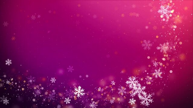 Crystal snowflake and curve shapes border design. Winter snow confetti scatter flyer purple background. Looped motion graphic.