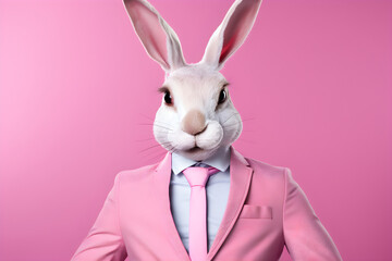 white rabbit wearing suit and tie isolated on pink background