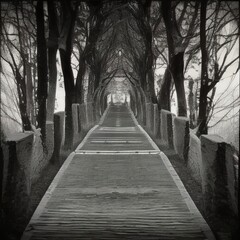 Obraz premium Long mystical black and white walkway path into trees with branches forming enchanted archway. Storybook wonderland enchanted woodland fairyland feeling mystical inner journey concept. 