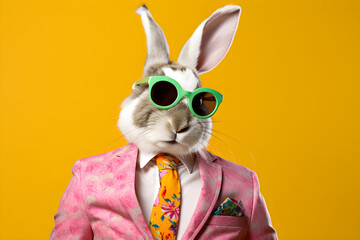 white rabbit wearing sunglasses suit and tie isolated on yellow background - obrazy, fototapety, plakaty
