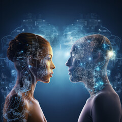 Artificial intelligence cyborg face and human face look at each other with technology schematics blueprints and interpersonal connection with neural networks futuristic style consciousness concept