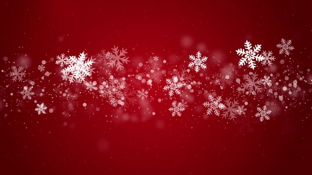 Christmas decoration. Winter holiday design animation red background with white snowflakes. Loop motion graphic.