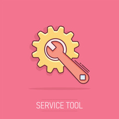 Vector cartoon service tool icon in comic style. Cogwheel with wrench sign illustration pictogram. Workshop business splash effect concept.