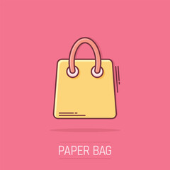 Vector cartoon shopping bag icon in comic style. Shop sale bag sign illustration pictogram. Gift business splash effect concept.