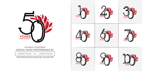 set of anniversary logotype black color with red ornament for special celebration event - obrazy, fototapety, plakaty