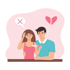 Man supports woman holding pregnancy test with negative result. Young infertile couple. Empathy and compassion. Infertility, fertility problems, reproductive system, In vitro fertilization and family 