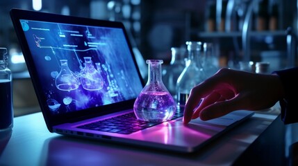 Highlight the collaboration between hands on a shared laptop in a pharmaceutical chemistry lab.
