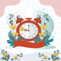 This illustration  shows a clock with flowers and gears. The clock is a symbol of time, and the flowers are a symbol of beauty. 