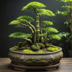Old Bonsai Tree Of japanese Bamboo plant tree in mossy soil and wide bonsai pot