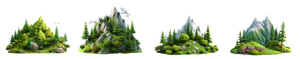 Set of 3d cartoon clipart mountain forest landscape  isolated on white and transparent background - obrazy, fototapety, plakaty