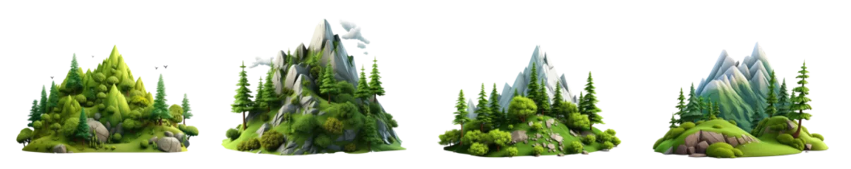 Foto op Plexiglas Set of 3d cartoon clipart mountain forest landscape  isolated on white and transparent background © Black Pig