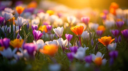 Fototapeten 春の花のアップ、カラフルな自然の花畑の風景 © tota