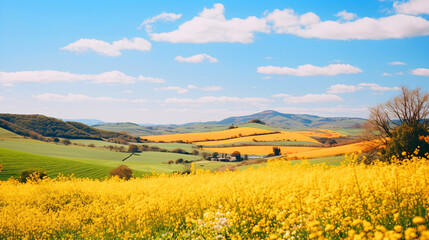 菜の花の風景、菜の花畑と木の自然の背景