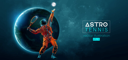 Abstract silhouette of a tennis player astronaut in space action and Earth, Mars, planets on the background of the space. Tennis player man with racket hits the ball. Vector 3d render illustration