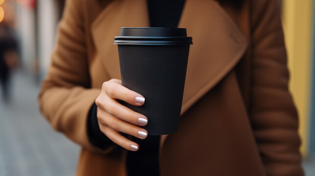 Black paper cup with coffee in woman hand. Time for drink coffee in city. Coffee to go. Enjoy moment, take a break. Disposable paper cup closeup. Delicious hot beverage. Mockup. Generated AI