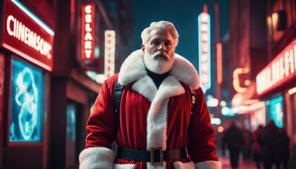 Fototapeta na wymiar Santa in a cyberpunk futuristic city with neon lights. Christmas background illustration.