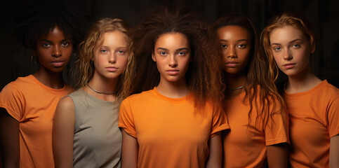 a group of young ladies standing next to each other in their orange t-shirts