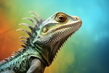 Fototapeta premium Сlose up view of cute colorful exotic lizard on colorful background 