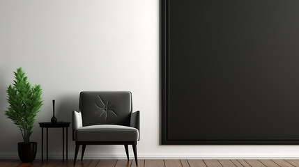 blank poster with black frame on the black chair, background. Generative Ai