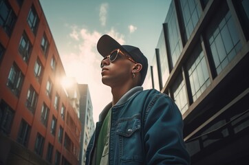 Rap man with sunglasses and cap outdoor architecture portrait. Young male rapper artist on urban street performance. Generate ai - obrazy, fototapety, plakaty