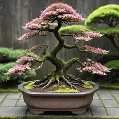 Rolgordijnen old and bloom sakura bonsai tree on wide bonsai pot. for home decor. Spring flower branch in the Scandinavian style. Zen, relax concept, japanese dwarf plant tree © vian