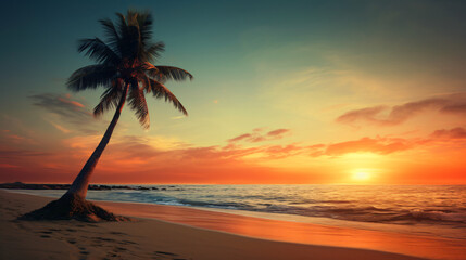 Fototapeta na wymiar Lonely palm tree at the sand beach