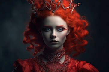 Naklejka na ściany i meble Red queen portrait. Royal female with bright red hair and fairy makeup. Generate ai