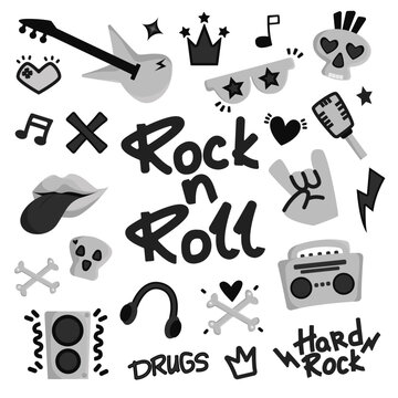 Rock n roll, punk music doodle set. Graffiti, tattoo hand drawn sticker, text, skull, heart, skate, gesture hand. Grunge rock vector illustration.