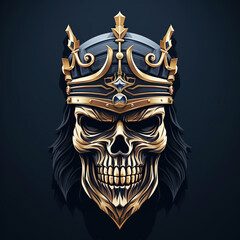 logo emblem symbol with a golden skull king in a crown on black isolated background