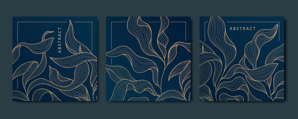 Vector set of art deco abstract luxury golden square cards, post templates for social net, leaves botanical modern, art deco wallpaper backgrounds. Floral line patterns. - obrazy, fototapety, plakaty
