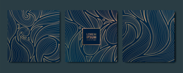 Vector set of art deco abstract luxury golden square cards, post templates for social net, leaves botanical modern, art deco wallpaper backgrounds. Floral line patterns. - obrazy, fototapety, plakaty