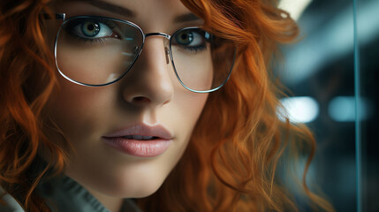 Fototapeta premium Portrait of Beautiful young woman with glasses in optician, eyesight health concept, choice of eyewear, optician medical shop, Selective focus