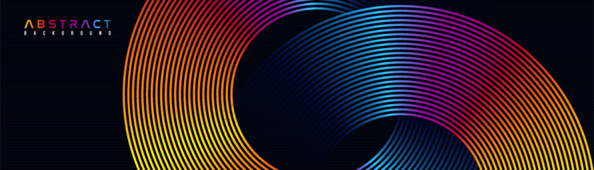 Abstract colorful geometric lines on dark blue background. Modern shiny color circle lines pattern.