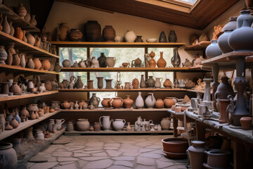 Naklejka premium A potters studio with shelves displaying various types of pottery