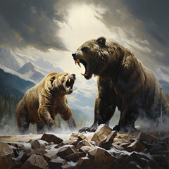 A dramatic encounter between a powerful grizzly bear and a swift, agile mountain lion in a rugged, rocky landscape - obrazy, fototapety, plakaty