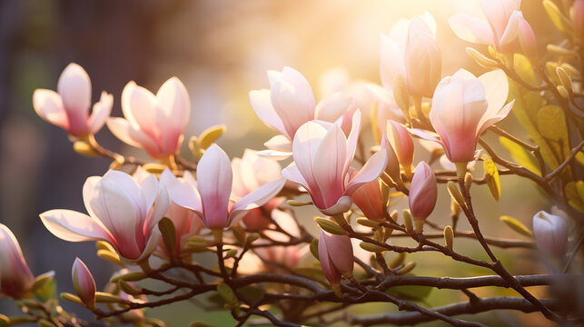 Magnolia blossom tree  in springtime. Beautiful tender pink flowers in backlight