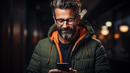 Fototapeta premium Man smiling and looking in his phone. Happy male looking into smartphone. Man in glasses smiling.