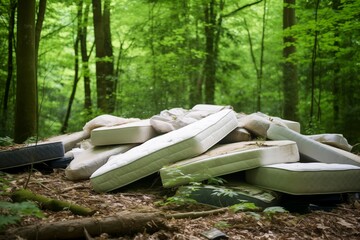 A pile of old broken and outdated bedding and mattress dumped in a woodland setting creating environmental damage - obrazy, fototapety, plakaty