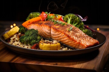 Savory Symphony: Grilled Salmon Delight with Rice, Broccoli, Cheese, Corn, and Tomato Medley