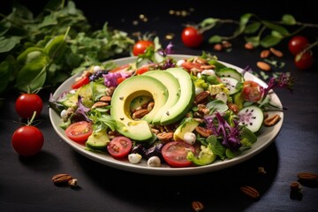 Avocado Medley: Crisp and Colorful Salad with Cherry Tomatoes, Lettuce, Red Cabbage, Cheese, and Nutty Elegance