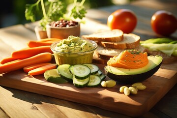 Fresh Fusion: Nutrient-Rich Medley of Avocado, Carrot, Cucumber, tomato, and Sandwich