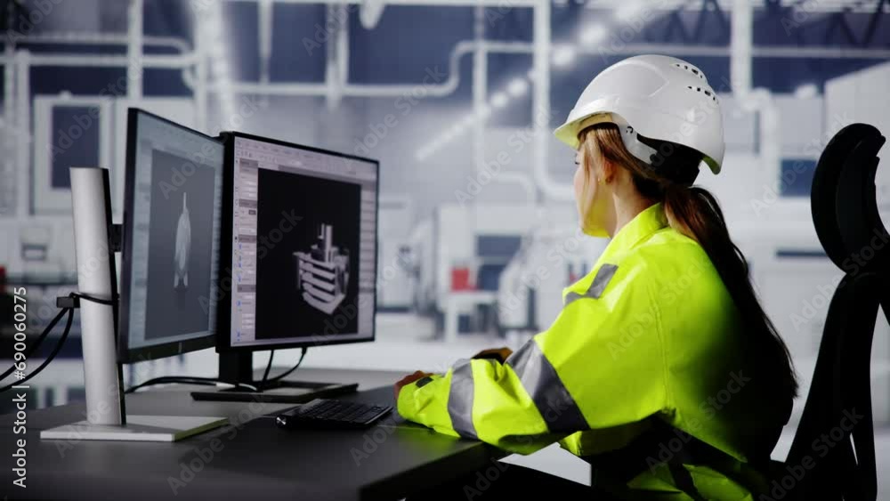 Poster engineer doing 3d cad model design on computer
