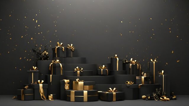 Background template products minimal podium scene with black gifts with gold ribbons on black color for celebration: birthday, sales, discounts, black Friday without text.