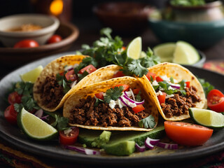 Group of hard shelled tacos with ground beef, lettuce, tomatoes and cheese close up
