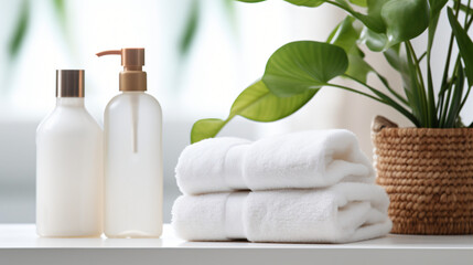 Soap and shampoo bottles and cotton towels