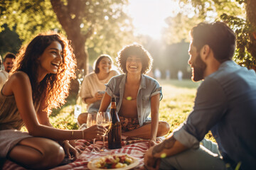 Group of friends having a picnic in the park. They are sitting on the grass and drinking wine. - obrazy, fototapety, plakaty