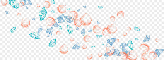 Blue Snail Background Transparent Vector. Seashell Seamless Textile Card. Collection Texture. Ultramarine Starfish Cute Wallpaper. Navy Shell. - obrazy, fototapety, plakaty