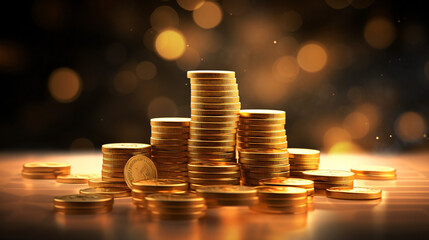 Stacked piles of shiny gold coins