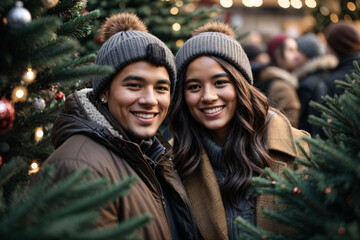 Happy couple smiling holding and choosing Xmas tree at Christmas tree market